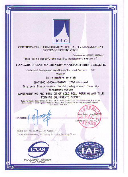 Chiny Cangzhou Best Machinery Co., Ltd Certyfikaty